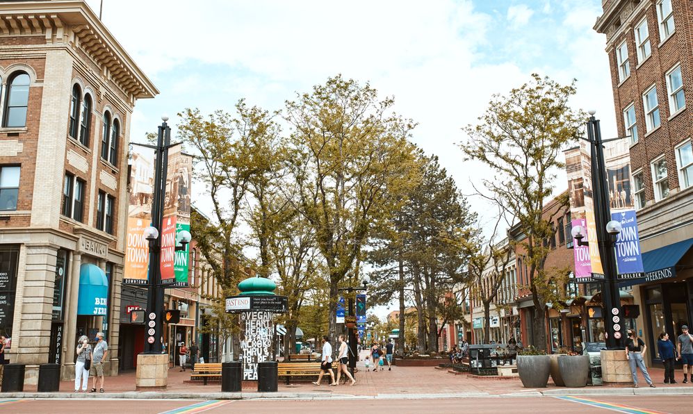 Shops, businesses and restaurants along Pearl Street Mall, a pedestrian mall in Boulder County